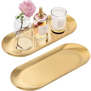 Gold Decorative Tray, 2 PCS Bathroom Vanity Tray for Dresser Counter, Elegant Jewelry Dish Tray for Decor, Gold Platter Serving Tray Organizer for Perfume Trinket Key Candle, Stainless Steel, Oval