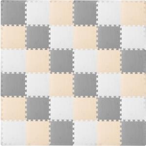 ProSource Foam Puzzle Floor Play Mat for Kids and Babies with Solid Colors, 36 or 16 Interlocking Tiles with Borders, White/Grey/Beige