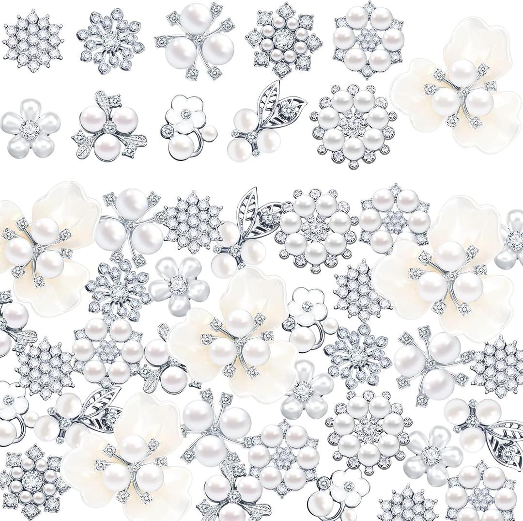 Hicarer 44 Pieces Pearl Rhinestone Buttons Rhinestone Faux Pearl Embellishments Brooch Alloy Floral Pendants for Jewelry Making Party Wedding Bridal Bouquet DIY Home Decoration(Silver)