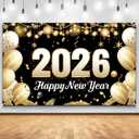 Happy New Year Banner 2026,70.8x43.3in Extra Large Size Happy New Year Backdrop New Years Decorations 2026New Years Eve Party Supplies 2026 for Home Garden NYE Photo Booth Photoshoot Backdrop Favors (Black Gold 2026)