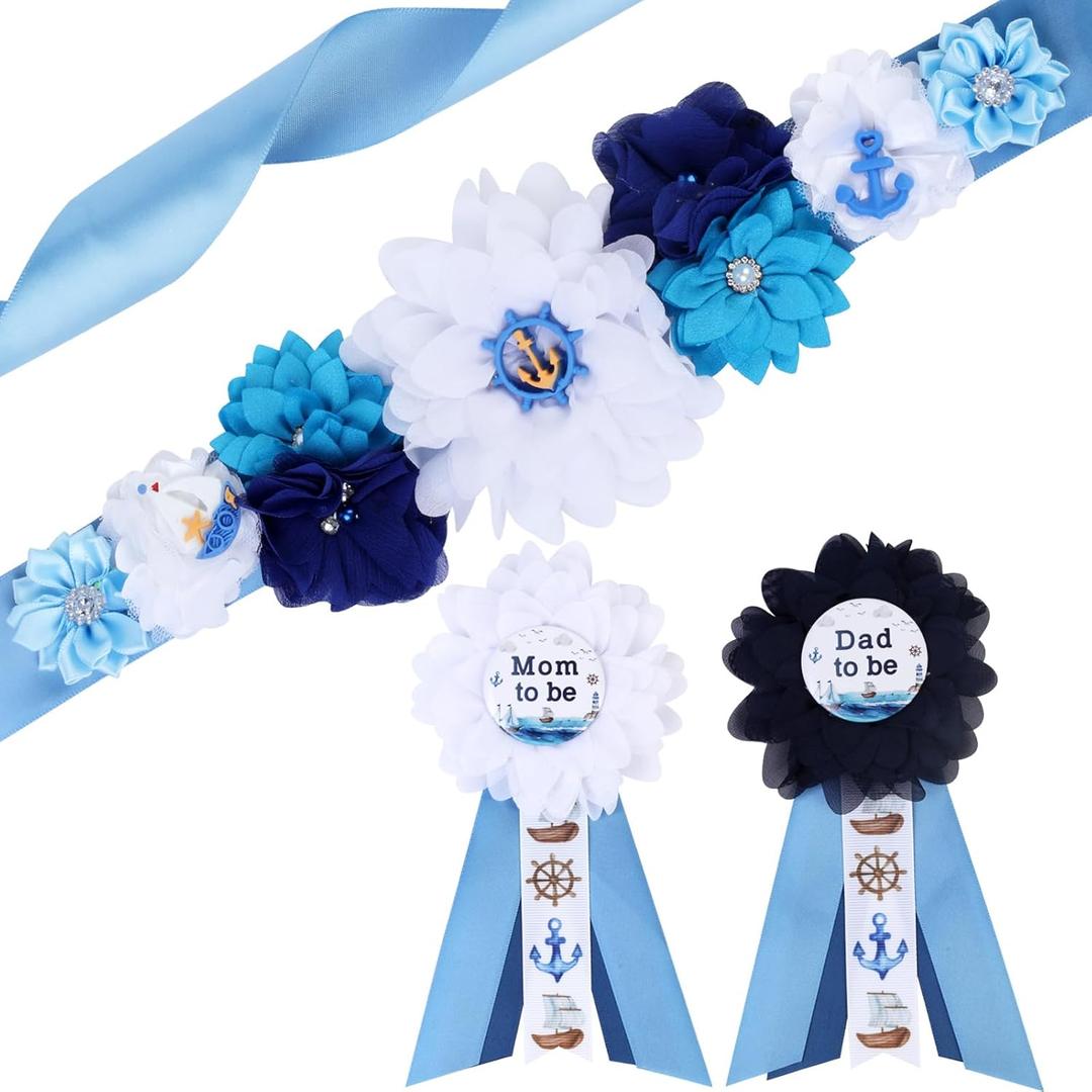 JOYMEMO Nautical Baby Shower Maternity Sash Kit - Blue Ahoy NauticalmBaby Shower Belly Belt and Mom to Be & Dad to Be Corsage Pins, Pregnancy New Parents Photo Props Ocean Theme Party Supplies