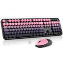 Wireless Keyboard and Mouse Combo, MOWUX Full Size Typewriter Retro Round Computer Keyboard, Cute Optical Mouse Wireless, Plug and Play, for Laptop, PC, Computer- Plum Pink Gradient