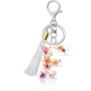 Lukiisoo Initial Letter Flower Keychain with Long Tassel Pendant, Acrylic Alphabet Monogram Key Chain, Backpack Purse Charms