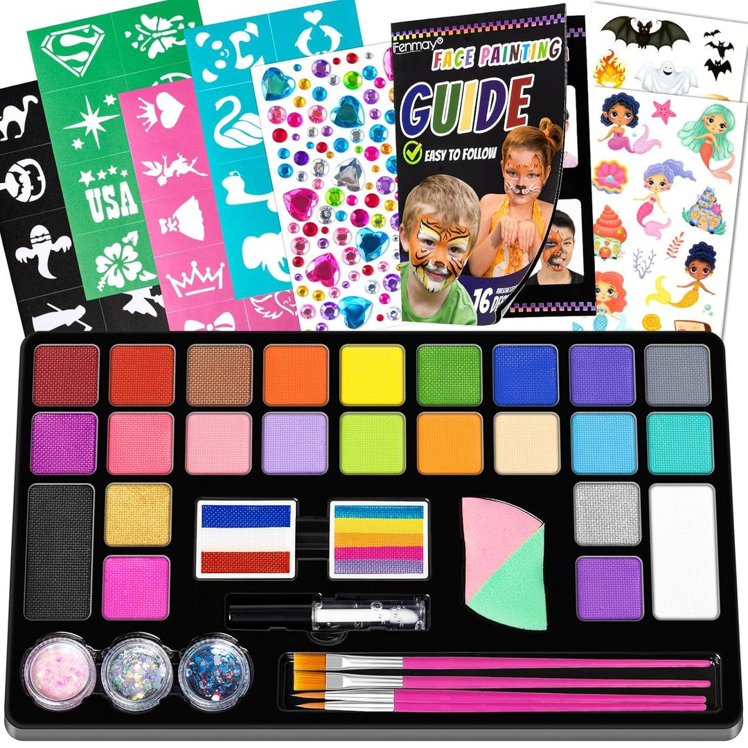 Face Painting Kit for Kids, 24 Colors Washable Face Paint, Safe for Sensitive Skin, Non-Toxic Professional Face Painting Kit, Halloween Birthdays Makeup Set with Stencils, Guide Book