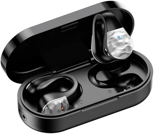 aigo Open Ear Earbuds, Wireless Bluetooth Earphone, Clip on Headphones, Over The Ear Earbuds for Fitness Running Gym Workouts, Built-in Mic, Wireless Charging, Black Headset