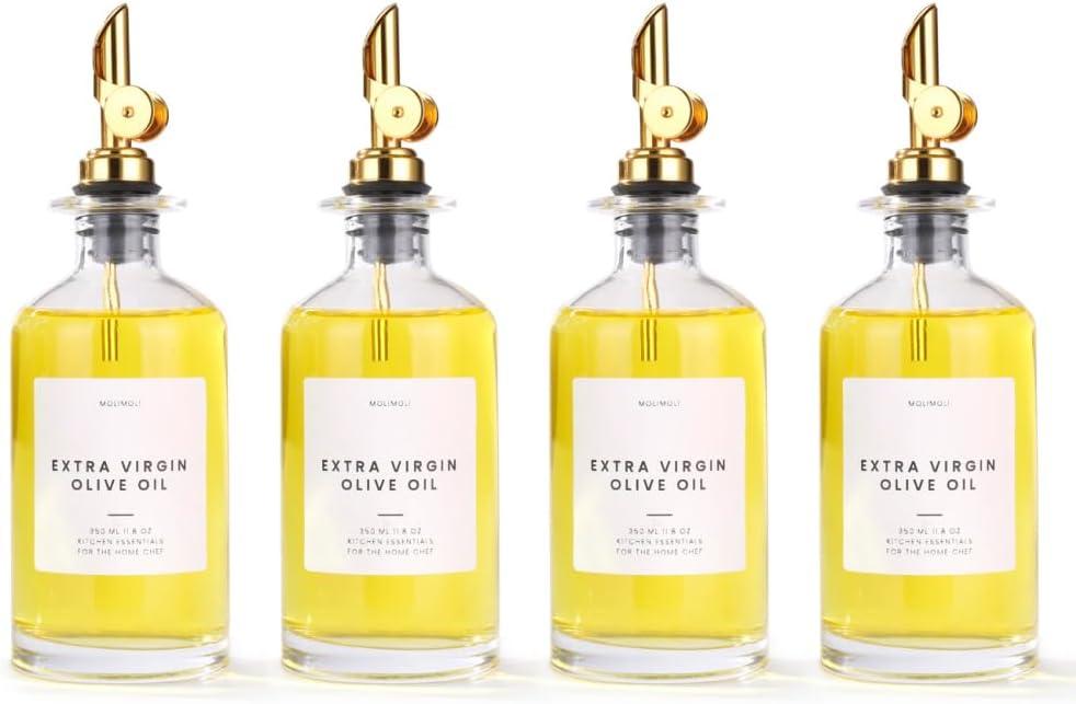 Molimoli Glass Olive Oil Cruet Set - 350ml Bottles With Weighted Pourers, Set of 4 (Gold)