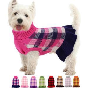 Dog Sweater Dress Plaid Knitwear for Small Medium Dogs Warm Puppy Pet Turtleneck Stretch Pullover Cute Fall Winter Vest Clothes with Leash Hole for Christmas M