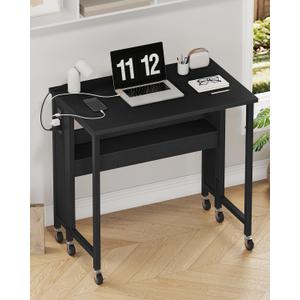 31.5" Modern Folding Computer Desk with Power Outlets, Wheels, Storage, Perfect for Small Spaces Black TDN01UBB