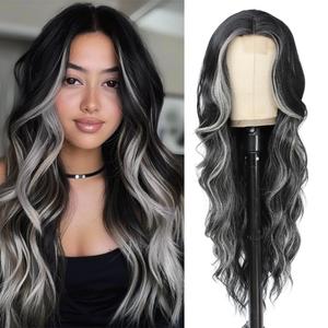 Long Wavy Wig with Lace Hairline 26 Inch Middle Part Curly Women's Charming Wigs Synthetic Heat Resistant Fibers Wig for Daily Wear and Party Use (Black Mixed Blonde)