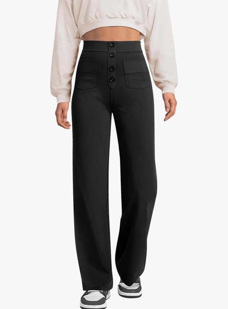 keriffe Women's Straight Leg Pants High Waisted Button Stretchy Business Work Casual Trousers Multiple Pockets Medium