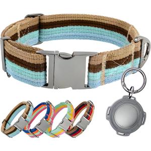 ADITYNA Cotton Dog Collar with AirTag Holder - Heavy-Duty Metal Buckle, Breathable, Easy Adjustable for Large & Extra-Large Breeds - for Walking, Training (Ocean Breeze, Fits 19-30" Necks)