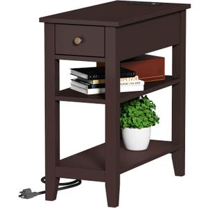 ChooChoo Narrow End Table with Charging Station, Side Table Living Room with USB Ports & Power Outlets and Hidden Drawer, 3-Tier Skinny Nightstand with 2 Open Storage Shelves For Small Place(Espresso), 12" x 24" x 24"