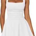 Kaximil Women's Square Neck Ruffle Hem Mini Dress Ruched Waist Short Party Dresses (Medium, White)