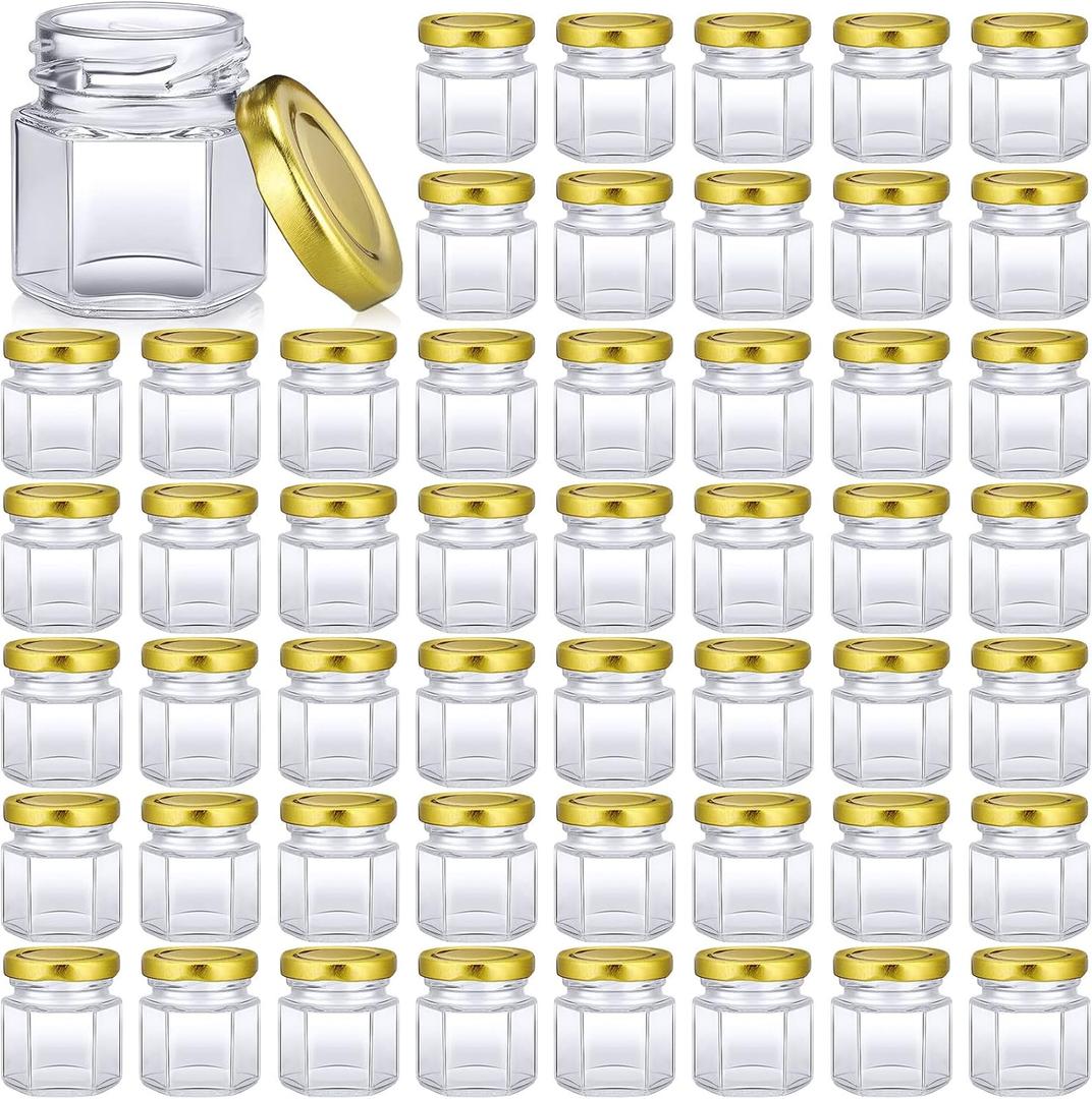 Nuogo 100 Pack 1.5oz Mini Hexagon Glass Jars Bulk for Wedding Small Honey Jars with Lids Spice Jars Canning Jars Mason Jars for Gifts Candy Honey Wedding Party Favors DIY Crafts (Gold)