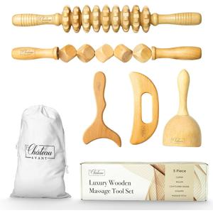 Chteau Avant Luxury Wooden Massage Tool Set, 5-Piece Lymphatic Drainage & Sculpting Kit  Cupper, Roller, Contouring Board, Scraper & Rope Roller