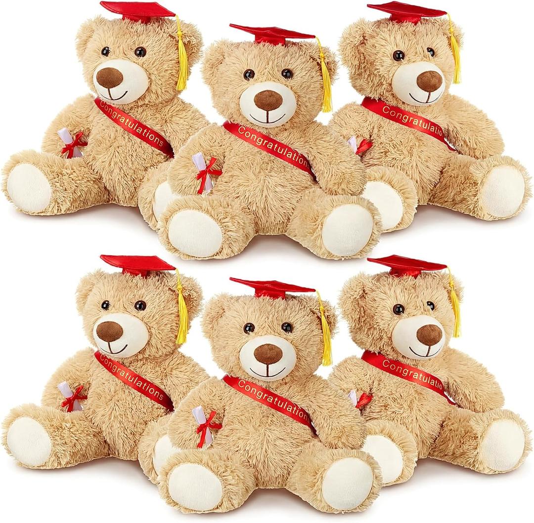 Aoriher 6 Pcs Class of 2026 Gifts Graduation Teddy Bears, 14 Inch Khaki Cute Soft Plush Stuffed Bears Animals with Cap, Diploma, Congratulations Sash, End of Year Gift for Kids Girl Boy Adult(Red)