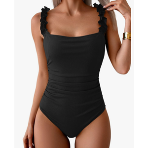 Eomenie Women's One Piece Swimsuit 2025 Tummy Control Square Neck Bathing Suit Ruffle Straps Ribbed Swimwear, Extra Larg