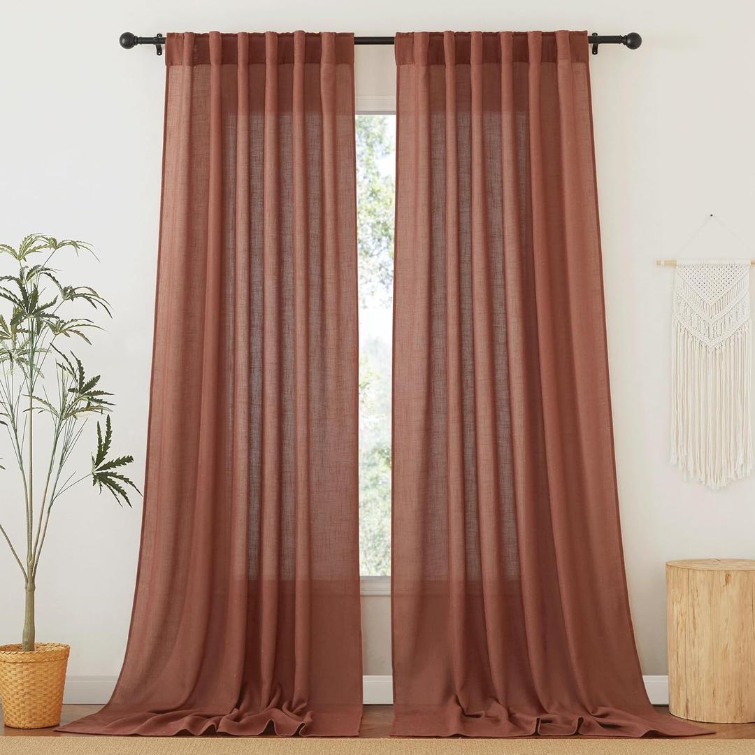 RYB HOME 108 inch Curtains Linen Woven - Shabby Chic Modern Elegant Semi Translucent Drapes Sun Filter Glare Control for Sliding Glass Door Doorway Hotel, Wide 52 by Long 108, 2 Panels, Terracotta