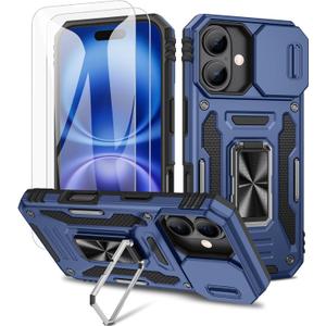 Maxdara Case for iPhone 16 with Stand, Built-in 360Rotating Kickstand & Tempered Glass Screen Protector Shockproof Protective Case for iPhone 16 6.1 inch, Navy Blue