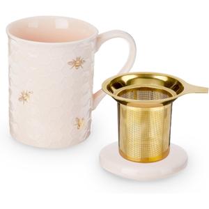 Pinky Up Annette Ceramic Tea Cup with Infuser and Lid, Travel Mug for Loose Leaf Teas, Home Office, Camping, Picnic Party, 12 oz, Set of 1, Honeycomb