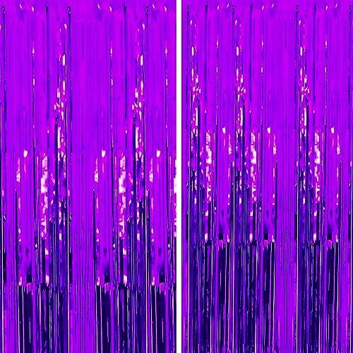 Pack of 2 Dazzle Bright 4 Pack Backdrop Curtain, 3FT x 8FT Metallic Tinsel Foil Fringe Curtains Photo Booth Background for Baby Shower Birthday Wedding Halloween Party Decorations (Purple)