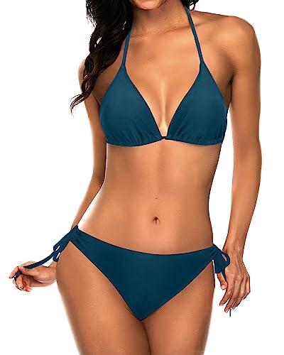Tempt Me Women Blue Green Triangle Bikini Sets Halter Two Piece Sexy Swimsuit String Tie Side Bathing Suit M