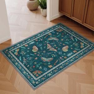 2x3 Entryway Rug with Insect Print - Indoor Non-Slip Small Bug Rug for Front Door, Low Pile Machine Washable Throw Carpet for Entryway, Kids Nursery, Bedroom, Kitchen, Laundry, Bathroom (2'x3' Teal)