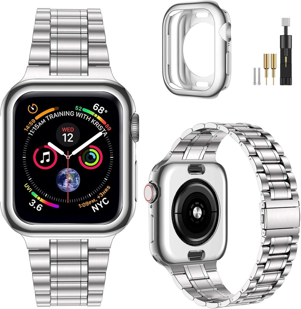 MioHHR Solid Stainless Steel Band Compatible with Apple Watch 46mm (Series 10), Metal Strap with Soft TPU Case for iWatch Series 10 46mm Women and Men, Silver