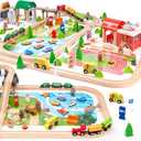 Wooden Train Set 175-Piece for Toddlers Kids Ages 3-8, Double-Sided Expandable Train Track with Puzzles & Magnetic Fishing Toys Compatible with Major Brands, STEM Railway Playset Gifts for Boys Girls