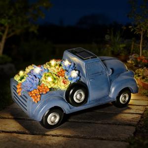 Solar Garden Decor Outdoor Statues Truck with Succulent and 7 LED Lights, Yard Decor for Outside, Yard Art Gardening Gifts for Women Mom Grandma (Blue Truck)