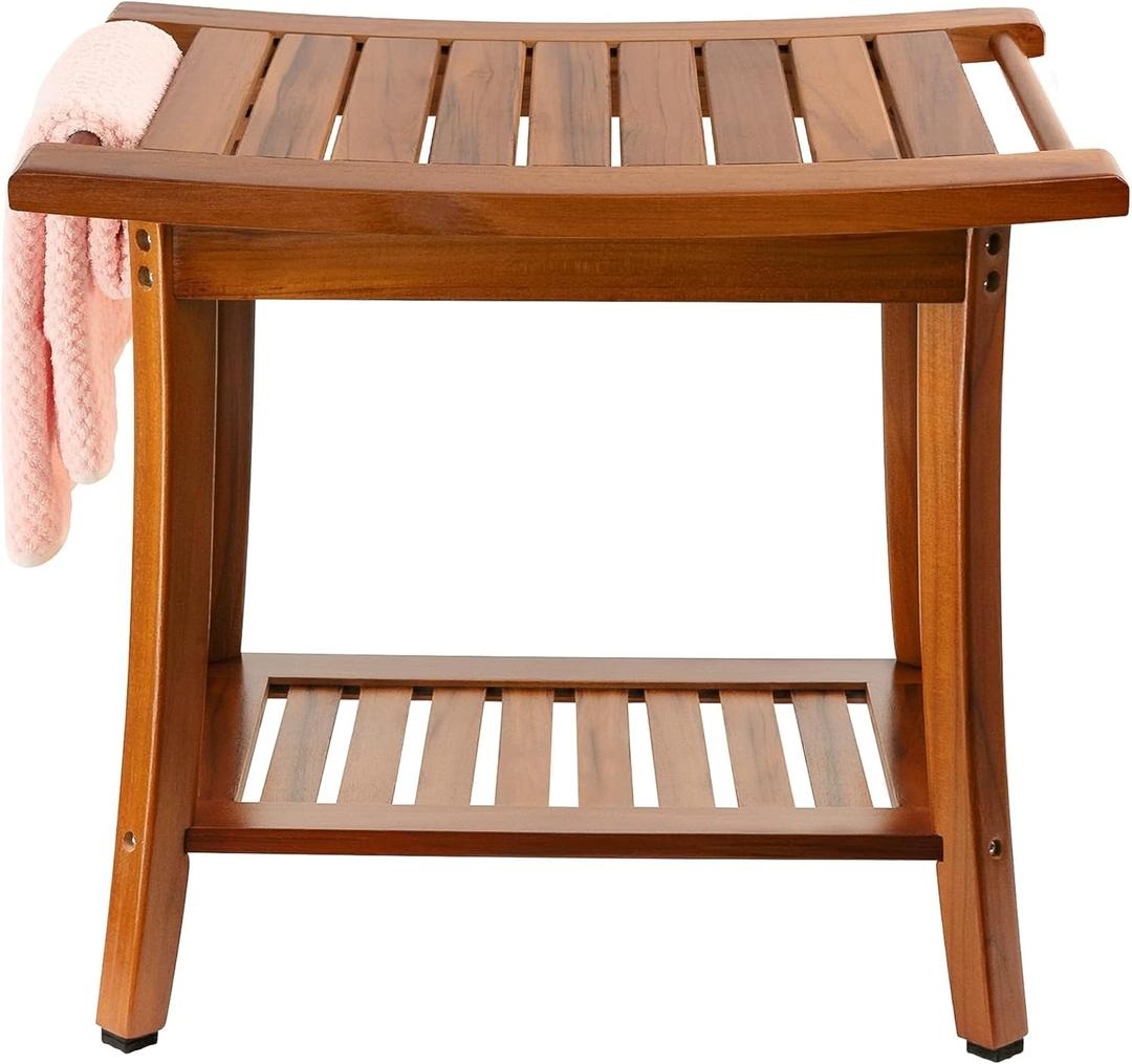 Utoplike Teak Shower Bench Seat with Handles, Portable Wooden Spa Bathing Stool with Storage Towel Shelf, 22" x 13" x 18.6", Perfect for Indoor and Outdoor Use