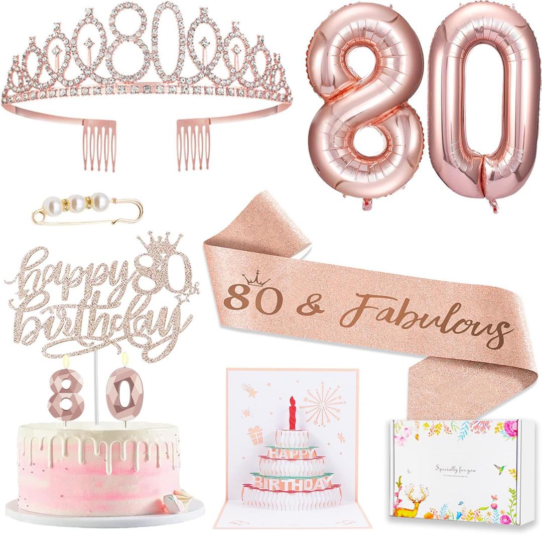 80th Birthday Gifts Decorations for Women, Including 80 year old Birthday Cake Topper, Birthday Queen Sash with Pearl Pin, Sweet Rhinestone Tiara Crown, Number Candles and Balloons Set, Rose Gold