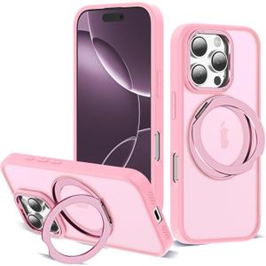 for iPhone 16 Pro Case with 360 Rotatable Magnetic Ring Stand Compatible with Mag-Safe Military Protection Shockproof Matte Translucent Phone Case for iPhone 16 Pro, Pink