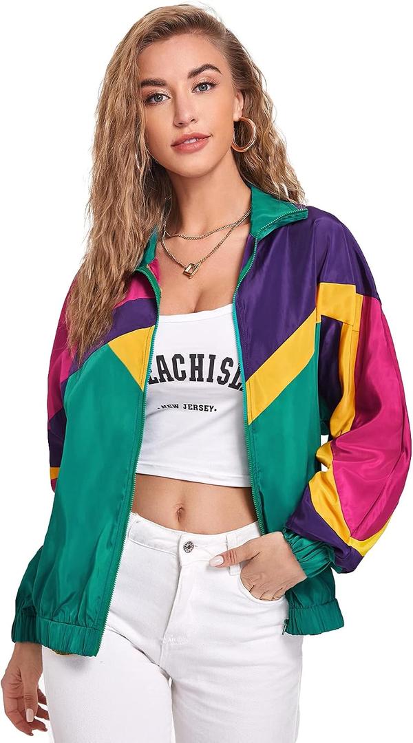 Verdusa Women's Colorblock Zip Up Long Sleeve Collar Windbreaker Jacket Coat (Green, M)