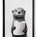 ILLBDR Bathroom Framed Wall Art Funny Bathroom Wall Art Black and White Print Humorous Minimalistic Canvas Artwork Otter Decor for Guest Toilet Framed 16"x24"