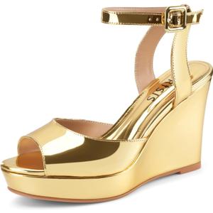 Women's Dressy Platform Wedge Sandals Gold Wedges Peep Toe Patent High Heels Slingback Heeled Comfortable Ankle Strap Shoes (9.5)