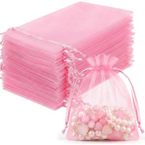 FUNFERY 100 Pcs Pink Organza Bags 3x4 in, Small Mesh Drawstring Gift Bags for Sachet, Jewelry, Candy, Wedding Favor, Easter Day