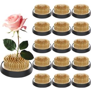 Sliner 16 Pieces Floral Frogs 1.57 Inch Round Brass Flower Holder Japanese Ikebana Vase Kenzan Flower Flower Arranger Flower Fixed Tools Pin for Flower Arrangement Home DIY Craft (Gold)