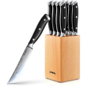 Aiheal Steak Knives Set of 8 with Beech Knife Block, 4.5 Inch Steak Knives with Unique Waved Pattern, Non Serrated Stainless Steel Steak Knife Set, Full Tang Handle Design for Kitchen Dinner