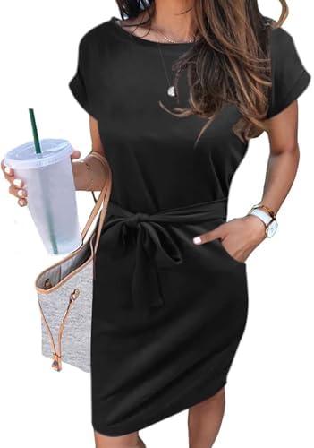 MEROKEETY Women's Summer Striped Short Sleeve T Shirt Dress Casual Tie Waist with Pockets XL black