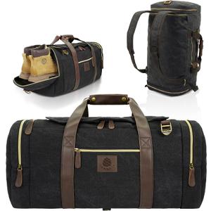 Duffle Bag for Travel, 50L Canvas Duffle Bag Vintage Travel Bag Overnight Bag with Shoes Compartment Men (Black)