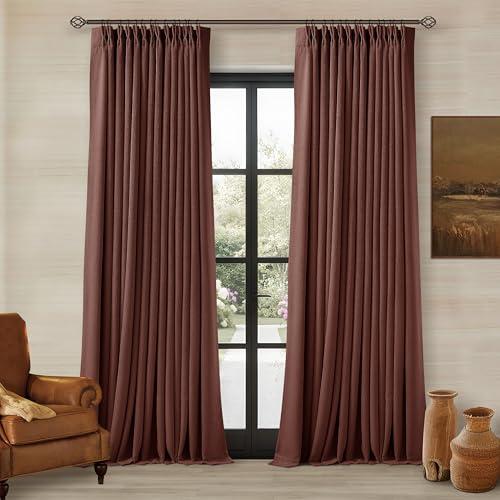 Chestnut Brown 100 Inch Floor Length Linen Blackout Curtains for Bedroom Pinch Pleated Black Out Thermal Insulated Window Drapes Light Blocking Double Layer Soundproof 100 Inch Curtain 2 Panels
