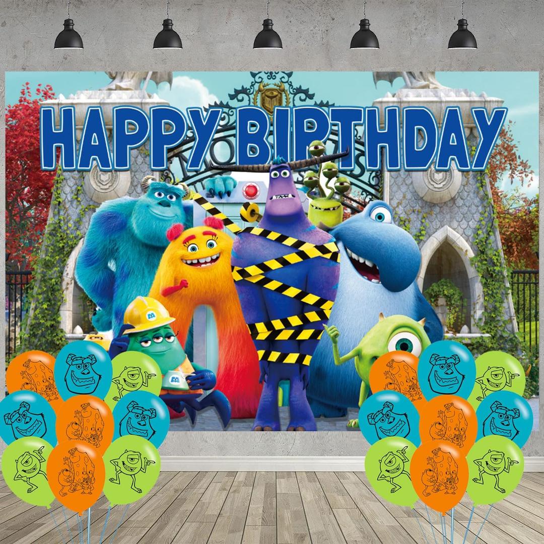 Monster University Birthday Party Decoration,Monster Inc Party Photo Background 5 x 3 FT and 18 Pcs Balloon,Cartoon Merch Party Backdrop Supplies