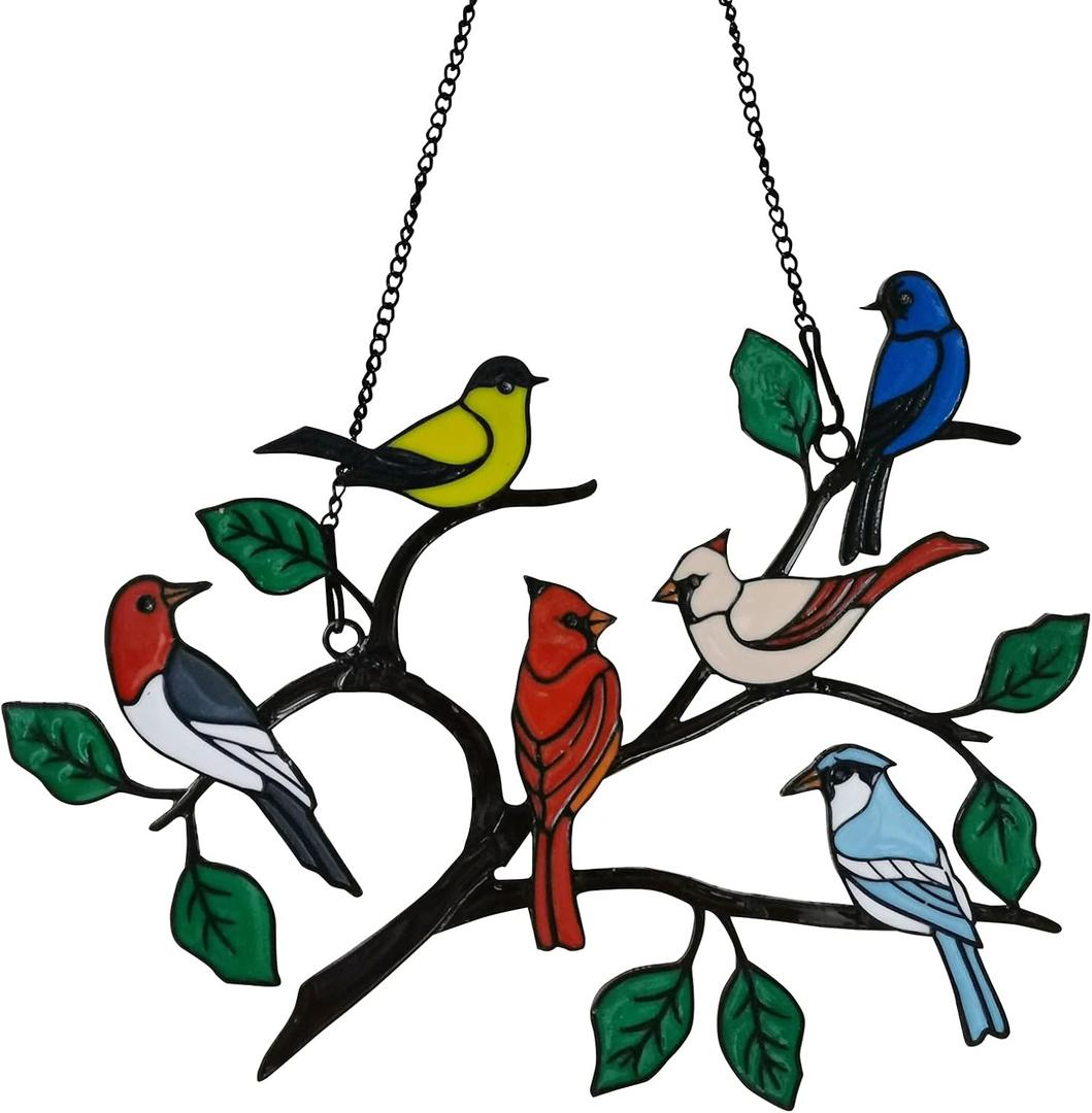 Six Birds Cardinal Gifts Stained Metal Window Hangings, Multicolor Bird On A Wire Window Panel Decor Series Ornament Home Wall Garden Decoration Love Gifts