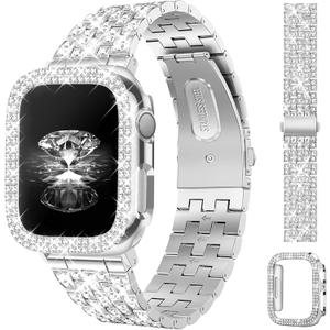 JR.DM Diamond Bands with Bling Case Women Compatible with Apple Watch 46mm Dressy Luxury Rhinestone Jewelry Metal Bracelet Wristband with Protector Cover for iWatch Series 11/10 Silver