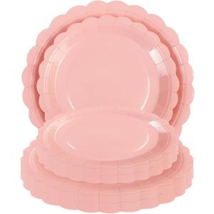Christmas Pink Paper Plates New Year 25 * 7" &25 * 9" Party Cake Dessert Scalloped Paper Plates Disposable Party Supplies Decorative for Birthday Baby Shower Wedding