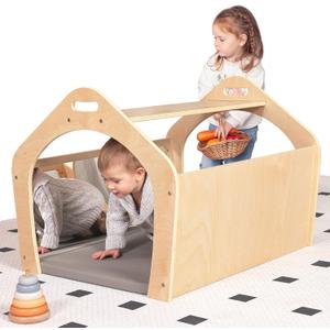 Wooden Playhouse for Toddlers w/Double Non-Shatter Safety Mirrors, Montessori Crawling Tunnel/Crawl-Through Play Set for Children and Kids, Daycare and Preschool Playroom(with Cushion), 25.9 x 23.6 x 32.7 inches