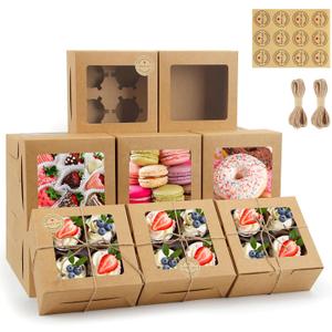 OAMCEG 50 PCS Cupcake Boxes with Window, 6x6x3 Inch Cookie Boxes, Bakery Treat Boxes for Pastry, Dessert, Chocolate Strawberries, Cupcake Containers, Gift Giving with Stickers & Twine （Brown）