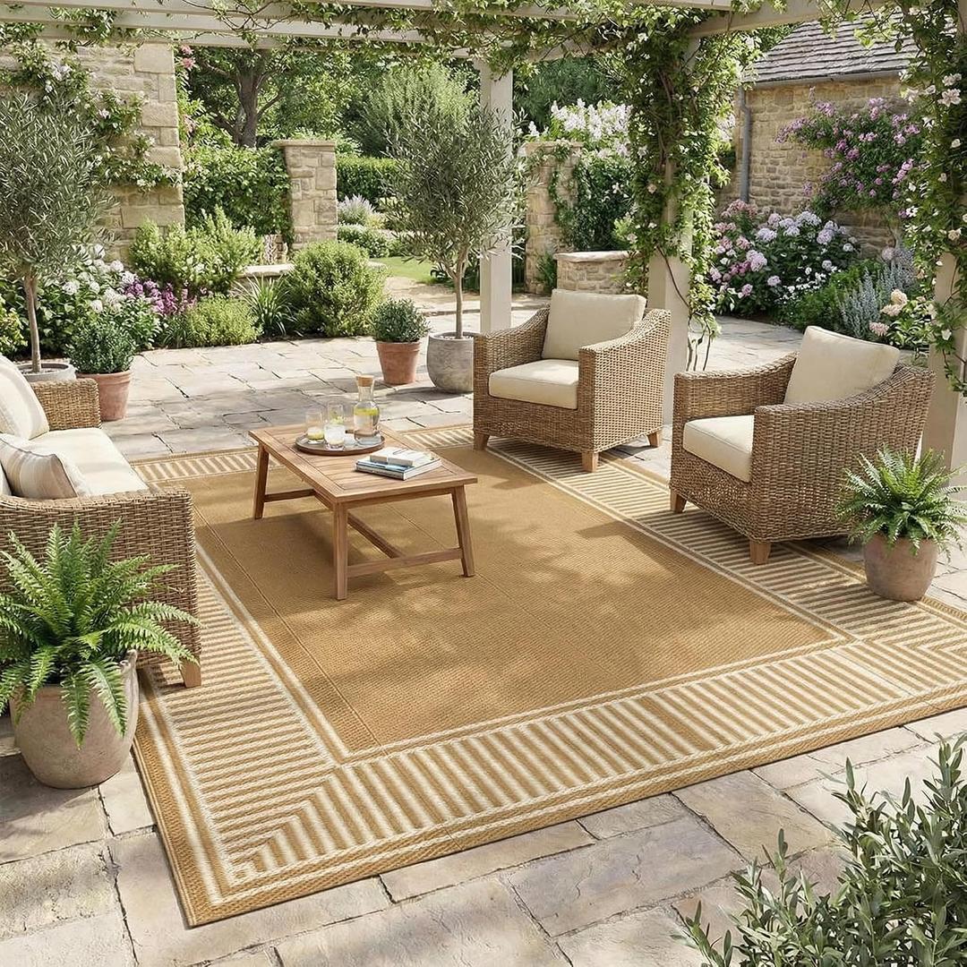 GAOMON Outdoor Patio Rug 8x10 Reversible Camping Mat, Stain-Resistant Plastic Straw Rug, Easy to Clean, Waterproof Indoor Outdoor Carpet for Porch, Deck, Balcony, Beach, GardenBorder-Beige