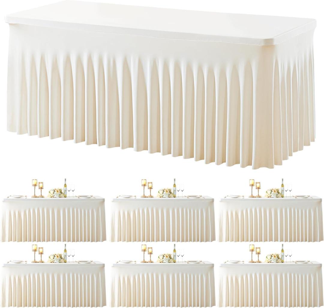 6 Pack Spandex Ivory Fitted Table Cloth for 6ft Rectangle Tables Ivory Stretch Tablecloth Table Covers Banquet Table Clothes Wrinkle Free Table Skirt for Parties Wedding